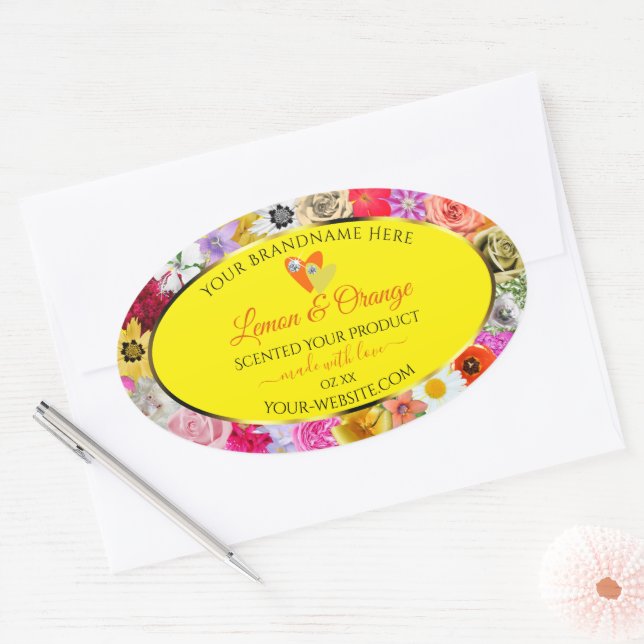 Colourful Flowers Yellow Product Labels with Heart (Envelope)