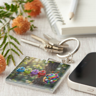 Colourful Fluffy Birdies Keychain