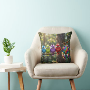 Colourful Fluffy Birdies Throw Pillow