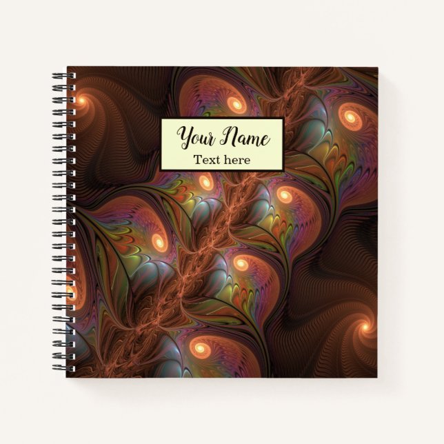 Colourful Fluorescent Abstract Brown Fractal Name Notebook (Front)