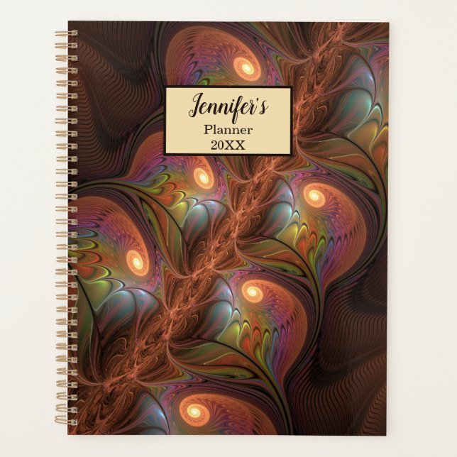 Colourful Fluorescent Abstract Brown Fractal Name Planner (Front)