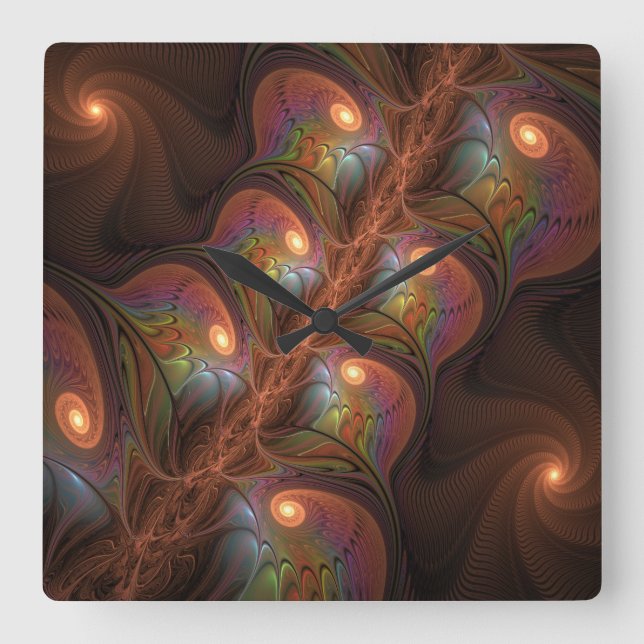 Colourful Fluorescent Abstract Modern Brown Fracta Square Wall Clock (Front)