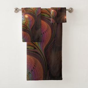 Colourful Fluorescent Abstract Trippy Brown Fracta Bath Towel Set
