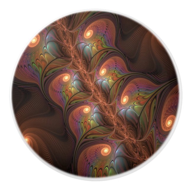 Colourful Fluorescent Abstract Trippy Brown Fracta Ceramic Knob (Front)