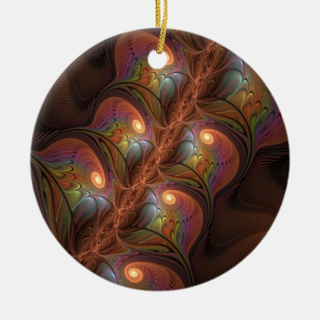 Colourful Fluorescent Abstract Trippy Brown Fracta Ceramic Ornament (Front)