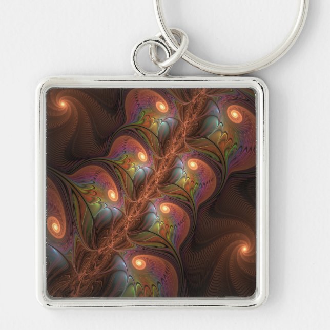 Colourful Fluorescent Abstract Trippy Brown Fracta Keychain (Front)