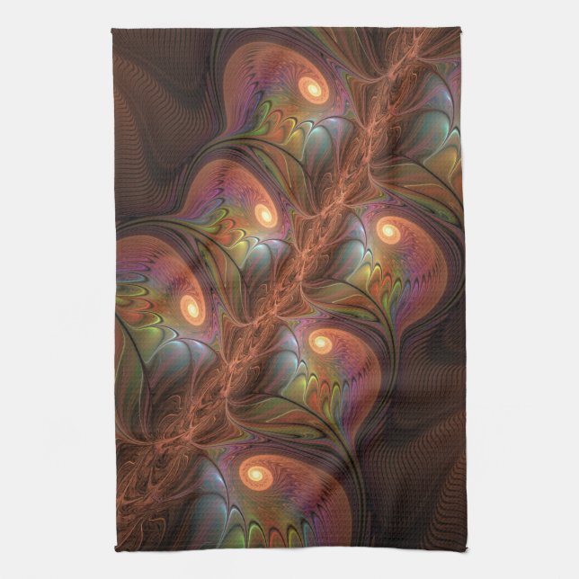 Colourful Fluorescent Abstract Trippy Brown Fracta Kitchen Towel (Vertical)