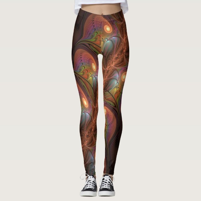Colourful Fluorescent Abstract Trippy Brown Fracta Leggings (Front)