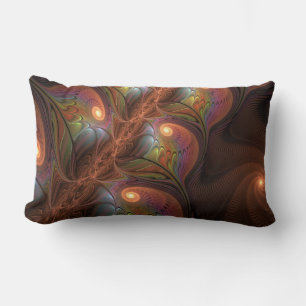 Colourful Fluorescent Abstract Trippy Brown Fracta Lumbar Pillow