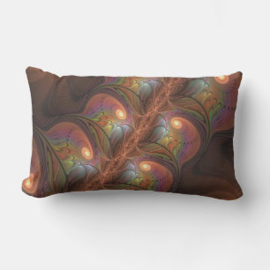 Colourful Fluorescent Abstract Trippy Brown Fracta Lumbar Pillow