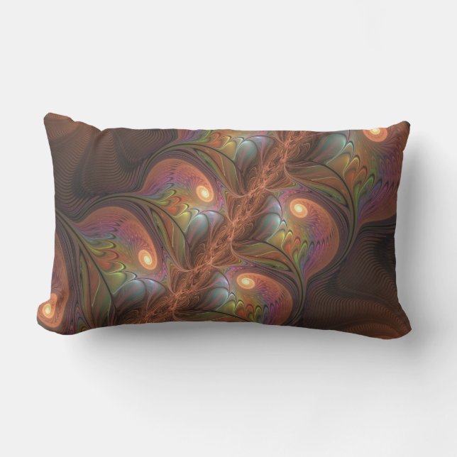 Colourful Fluorescent Abstract Trippy Brown Fracta Lumbar Pillow (Front)