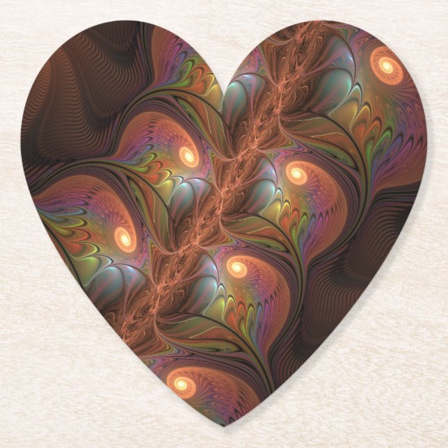 Colourful Fluorescent Abstract Trippy Brown Fracta Paper Coaster (Front)