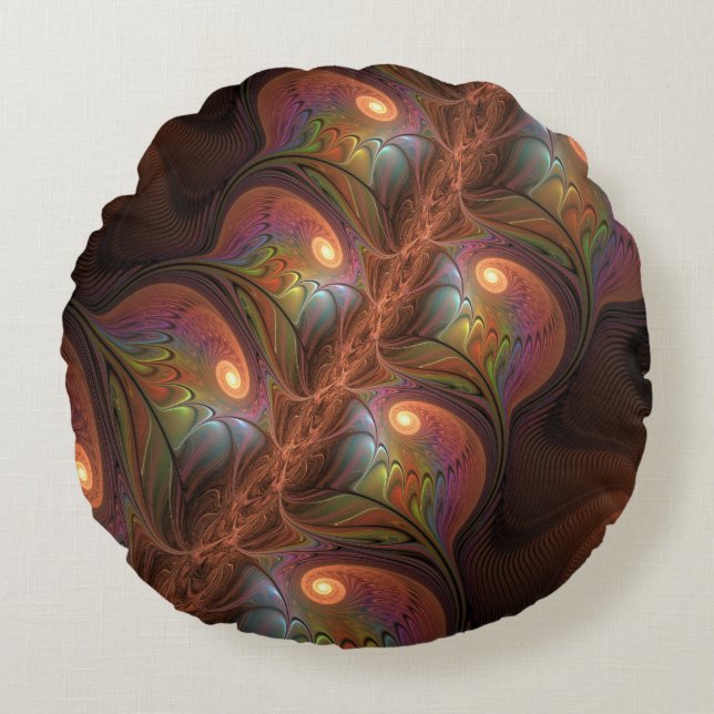 Colourful Fluorescent Abstract Trippy Brown Fracta Round Pillow (Front)