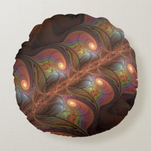 Colourful Fluorescent Abstract Trippy Brown Fracta Round Pillow