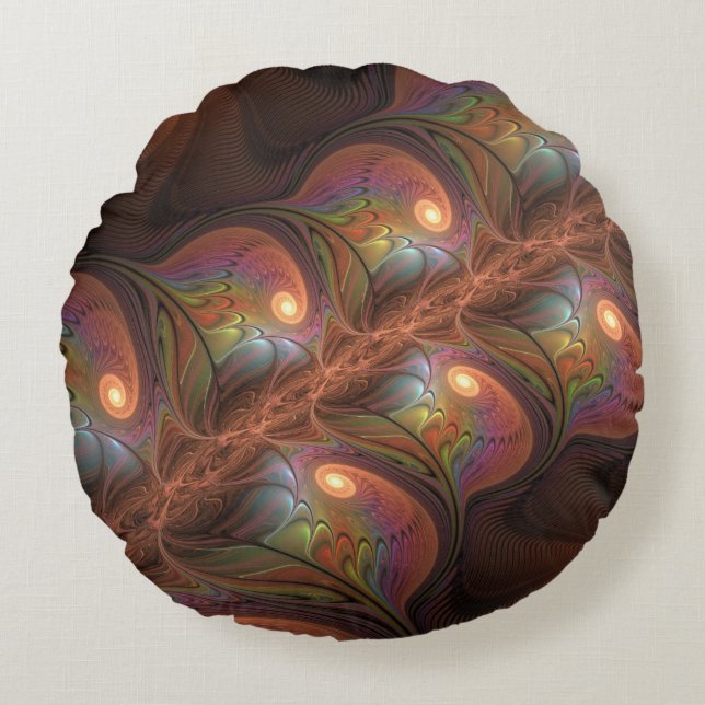 Colourful Fluorescent Abstract Trippy Brown Fracta Round Pillow (Front)