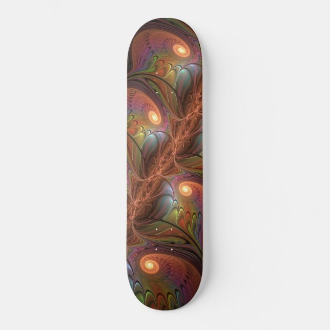 Colourful Fluorescent Abstract Trippy Brown Fracta Skateboard (Front)