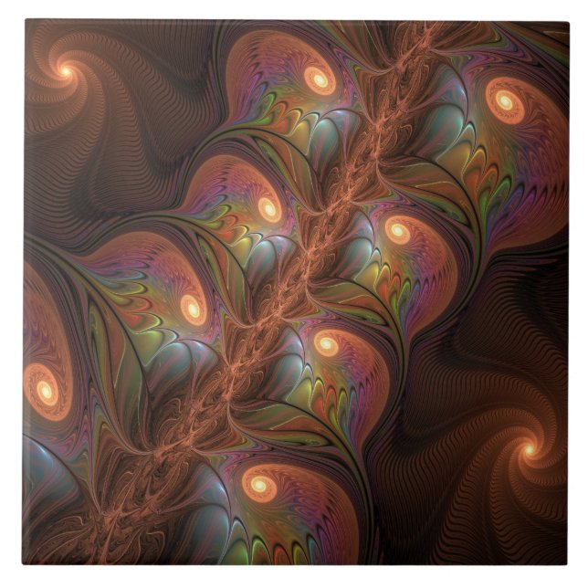 Colourful Fluorescent Abstract Trippy Brown Fracta Tile (Front)