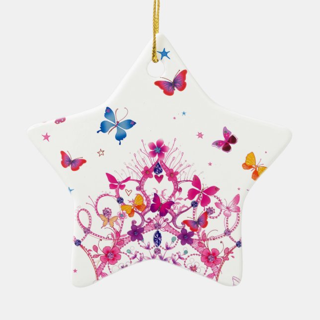 Colourful Flying Butterflies with Crown Art Print Ceramic Ornament (Front)