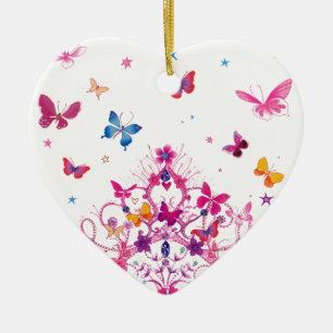 Colourful Flying Butterflies with Crown Art Print Ceramic Ornament