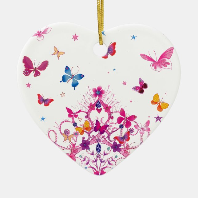 Colourful Flying Butterflies with Crown Art Print Ceramic Ornament (Front)