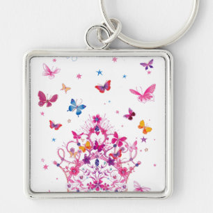 Colourful Flying Butterflies with Crown Art Print Keychain