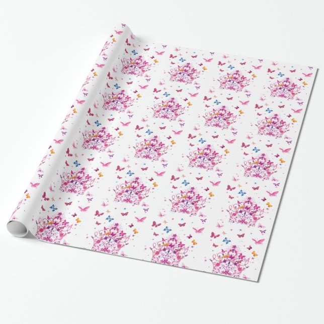 Colourful Flying Butterflies with Crown Art Print/ Wrapping Paper (Unrolled)