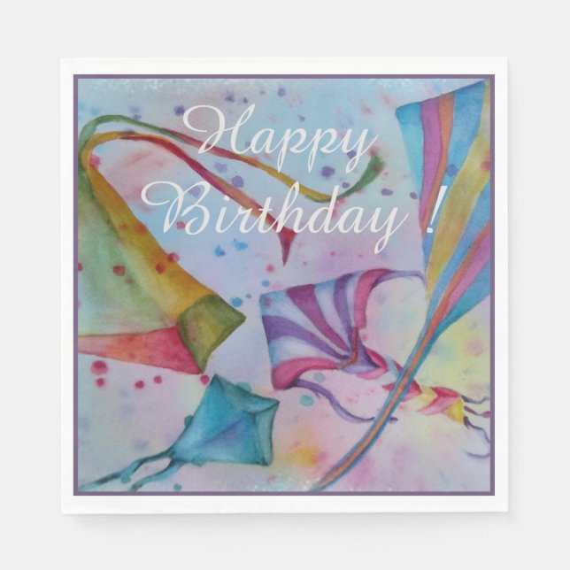 Colourful Flying Kites Happy Birthday Party Napkin (Front)