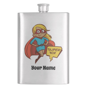 Colourful Flying Super Mom w/ Your Name Hip Flask