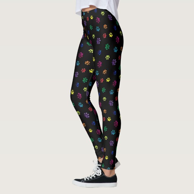 Colourful Foil Paw Prints Pattern on Black Leggings (Left)