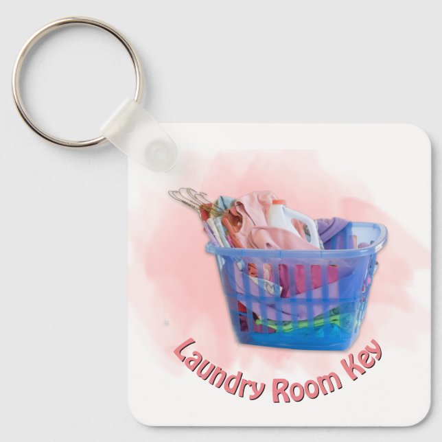 Colourful Folded Laundry On Hangers In Blue Basket Keychain (Front)
