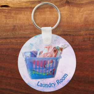 Colourful Folded Laundry On Hangers In Blue Basket Keychain