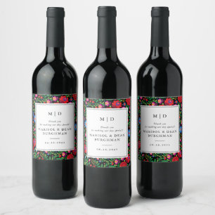 Colourful Folk Art Embroidery Black Wedding Wine Label