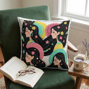 Colourful Folk Art Floral Portraits - Modern Boho  Throw Pillow