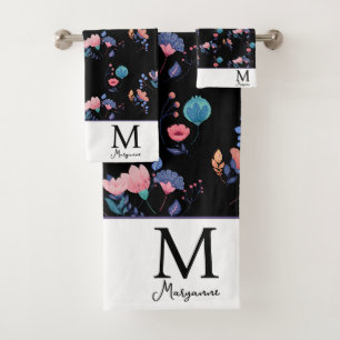 Colourful Folk Art Flowers Black Monogram Initial Bath Towel Set