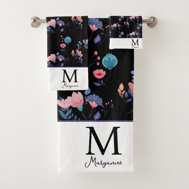 Colourful Folk Art Flowers Black Monogram Initial Bath Towel Set (Insitu)