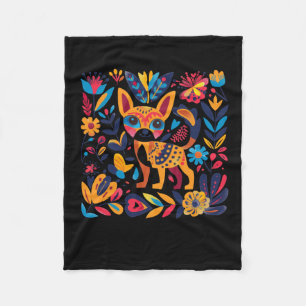 Colourful Folk Art Illustration Of A Cat Surrounde Fleece Blanket