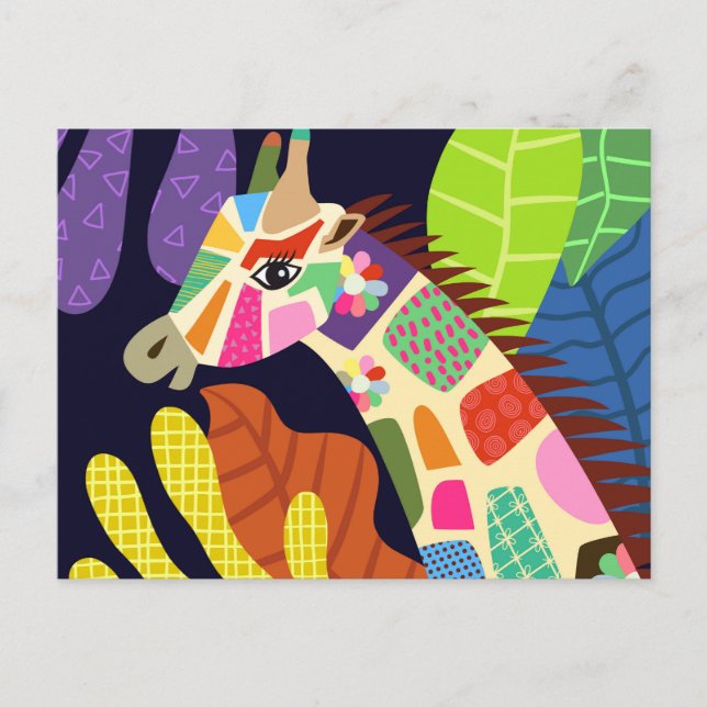 Colourful Folk Art Jungle Giraffe Animal Portrait Postcard (Front)