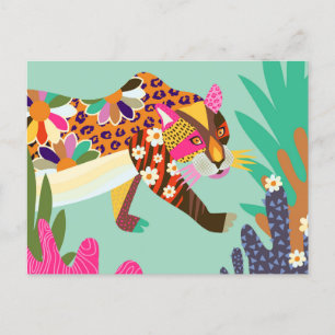 Colourful Folk Art Leopard Animal Portrait Postcard