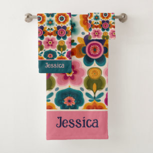 Colourful Folk Art Retro 70s Floral Pattern Name Bath Towel Set