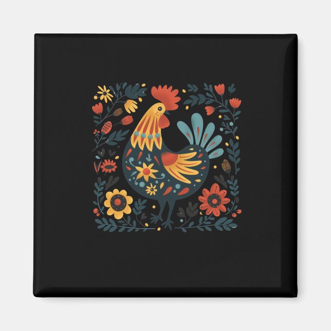 Colourful Folk Art Rooster Illustration With Flora Magnet (Front)