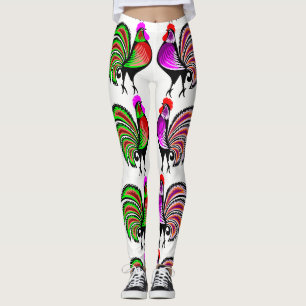 Colourful Folk Art Roosters Leggings