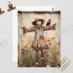 Colourful Folk Art Scarecrow with Wildflowers Postcard