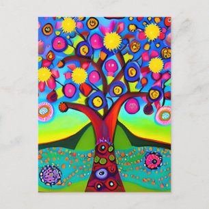 Colourful Folk Art Style Tree   Thinking of You Postcard