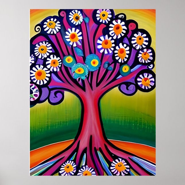 Colourful Folk Art Style Whimsical Tree   Poster (Front)