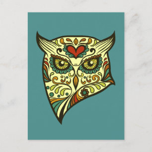 Colourful Folk Art Sugar Skull Magical Owl Postcard