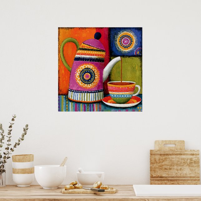 Colourful Folk Art Teapot Poster (Kitchen)
