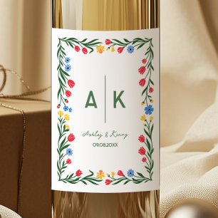Colourful Folk Art Wildflower Monogram Wedding Wine Label