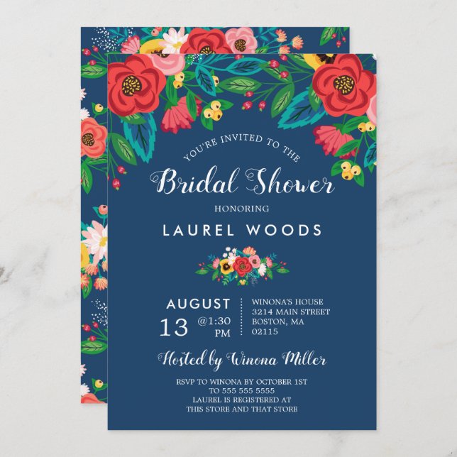 Colourful Folk Bouquets - Boho Blue Bridal Shower Invitation (Front/Back)