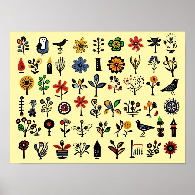 Colourful folk floral and birds poster (Front)
