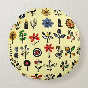 Colourful folk floral and birds round pillow